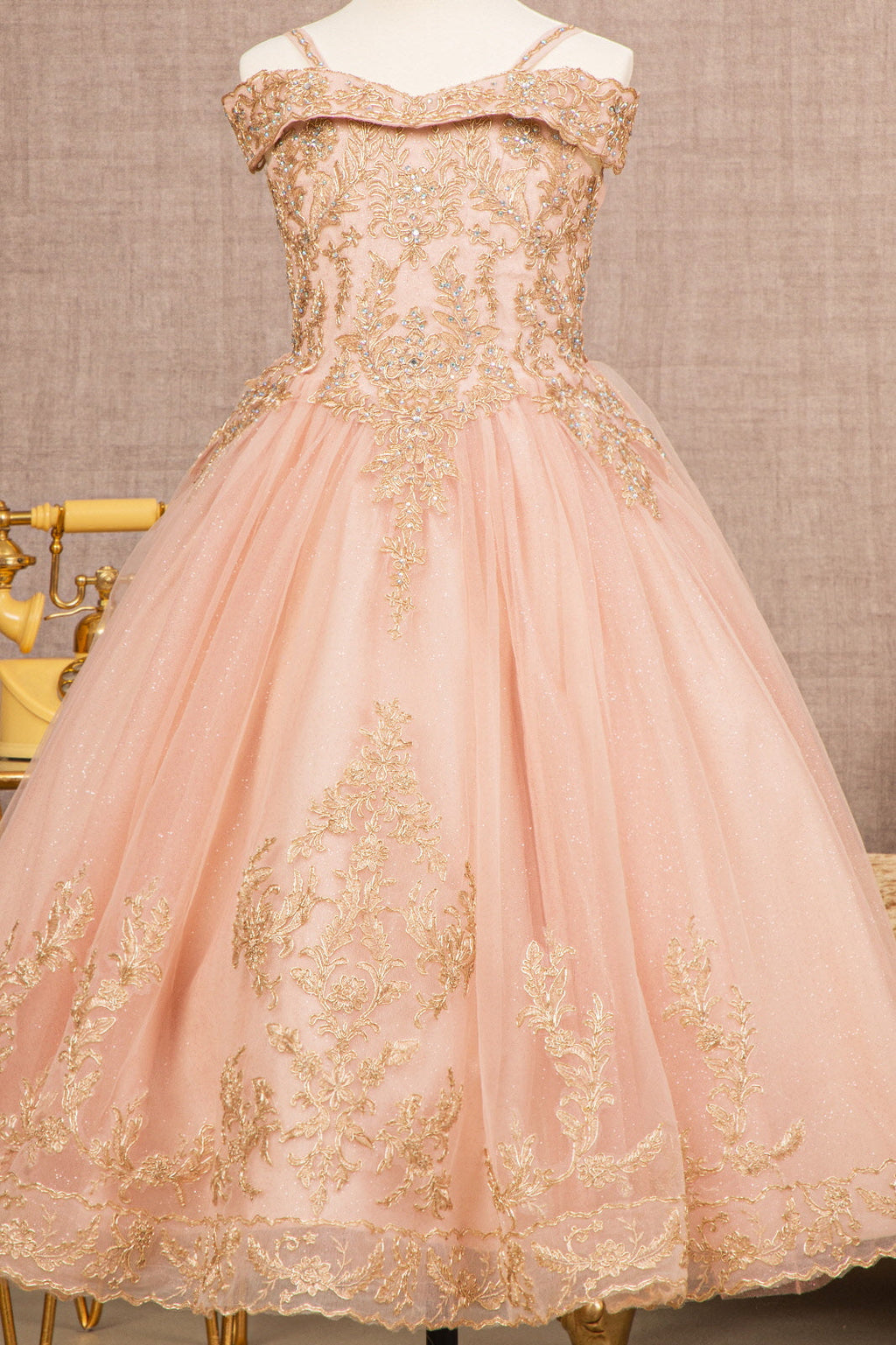 Embroidery Embellished Glitter Mesh A-Line Kids Dress GLGK100