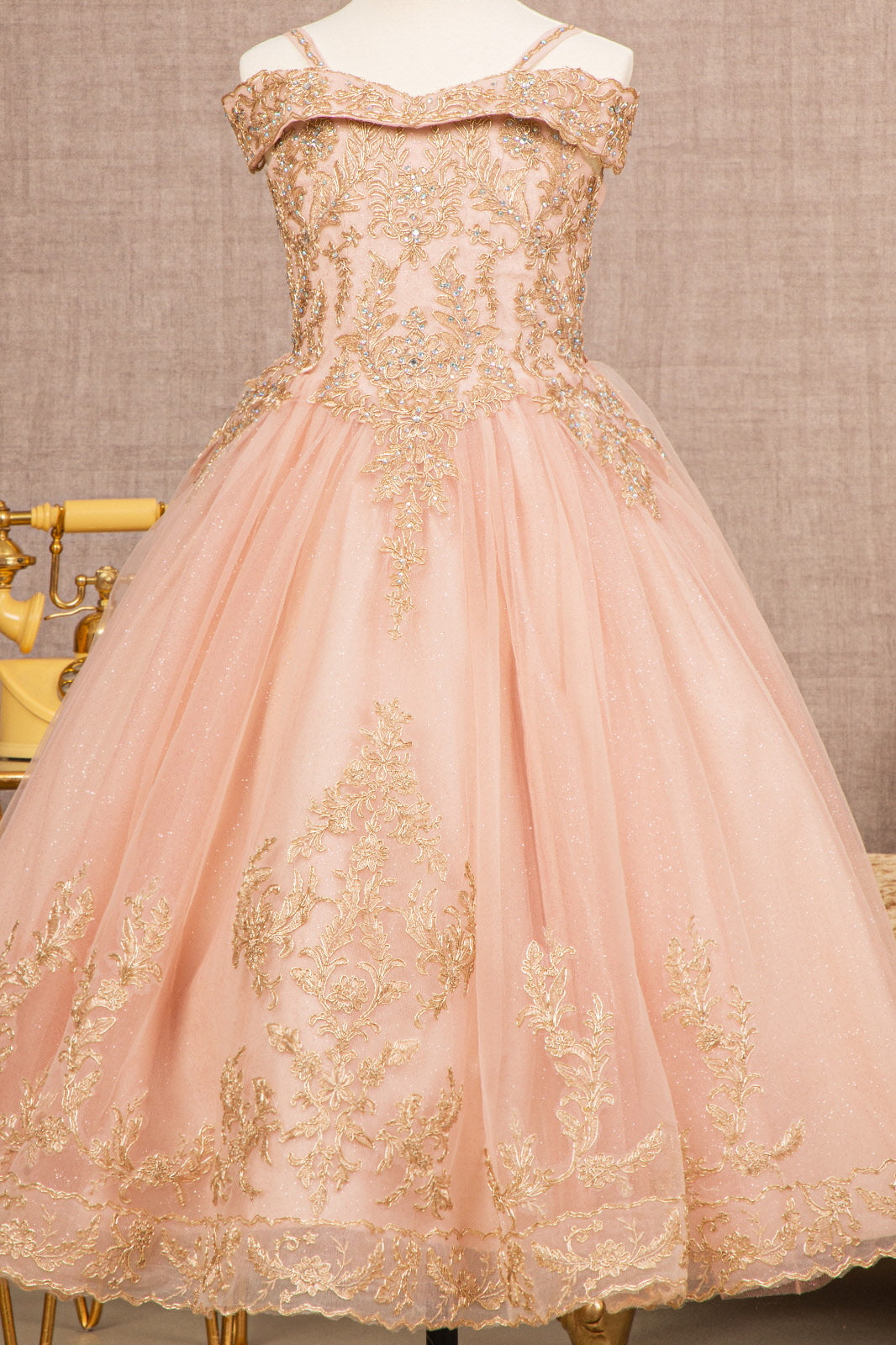 Embroidery Embellished Glitter Mesh A-Line Kids Dress GLGK100