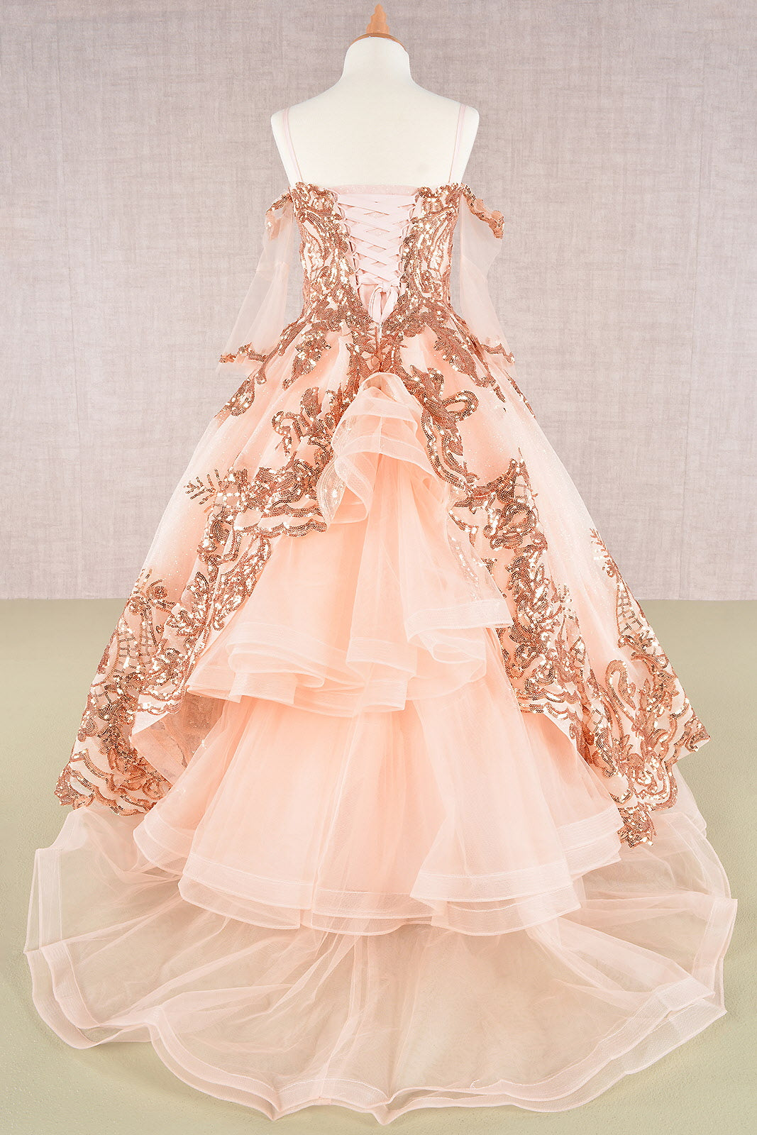 Glitter Sequin Embellished Mesh with Separate Mesh 3/4 Sleeves Kids Dress GLGK104