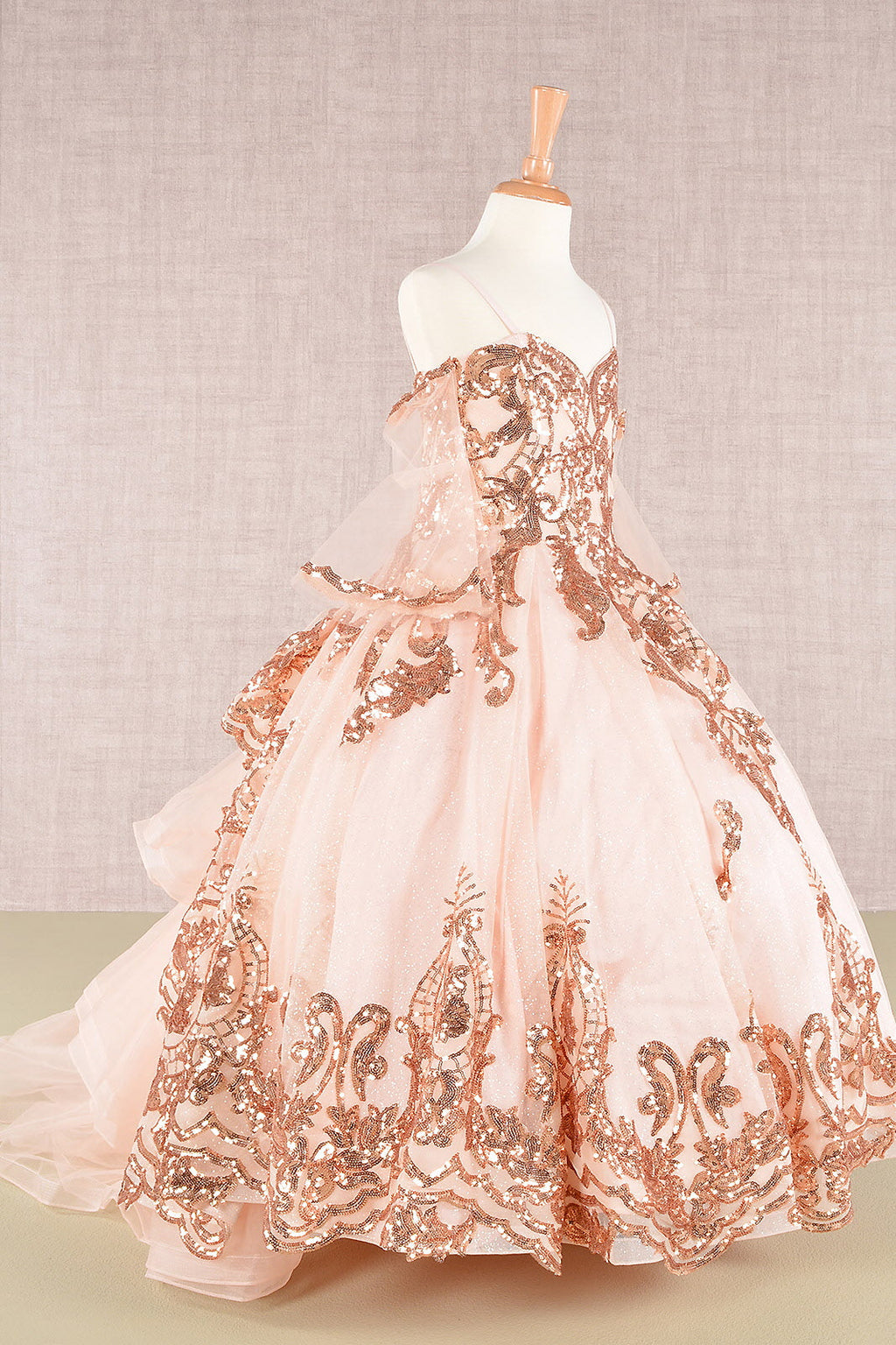 Glitter Sequin Embellished Mesh with Separate Mesh 3/4 Sleeves Kids Dress GLGK104