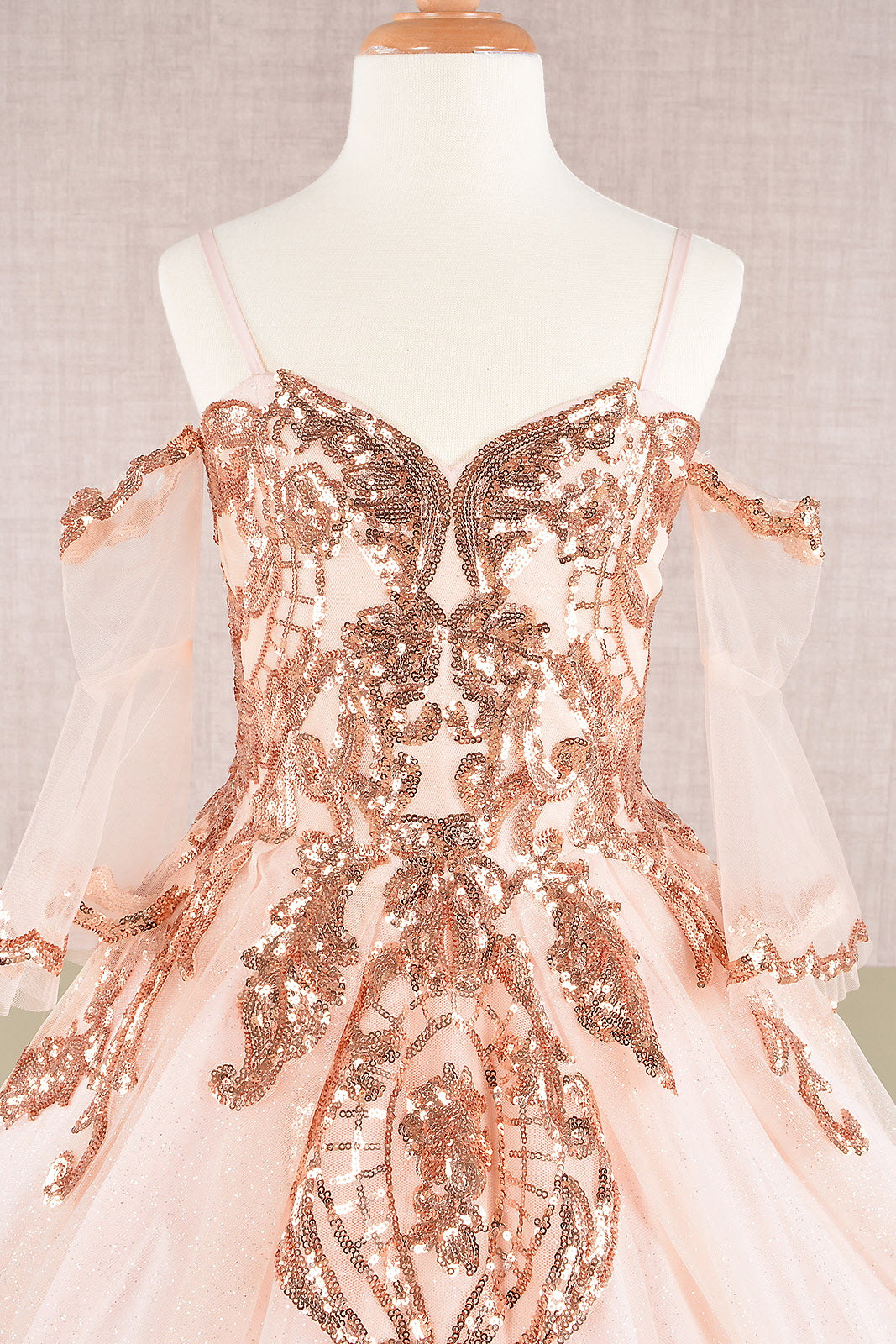 Glitter Sequin Embellished Mesh with Separate Mesh 3/4 Sleeves Kids Dress GLGK104