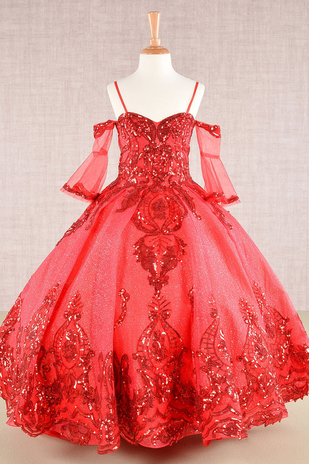 Glitter Sequin Embellished Mesh with Separate Mesh 3/4 Sleeves Kids Dress GLGK104