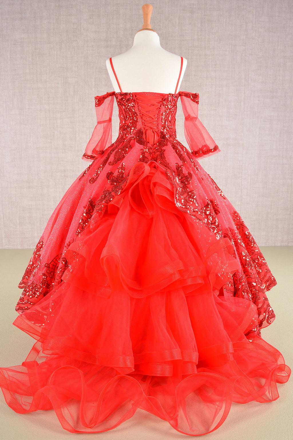 Glitter Sequin Embellished Mesh with Separate Mesh 3/4 Sleeves Kids Dress GLGK104