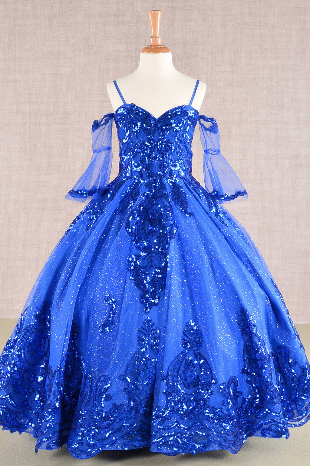 Glitter Sequin Embellished Mesh with Separate Mesh 3/4 Sleeves Kids Dress GLGK104