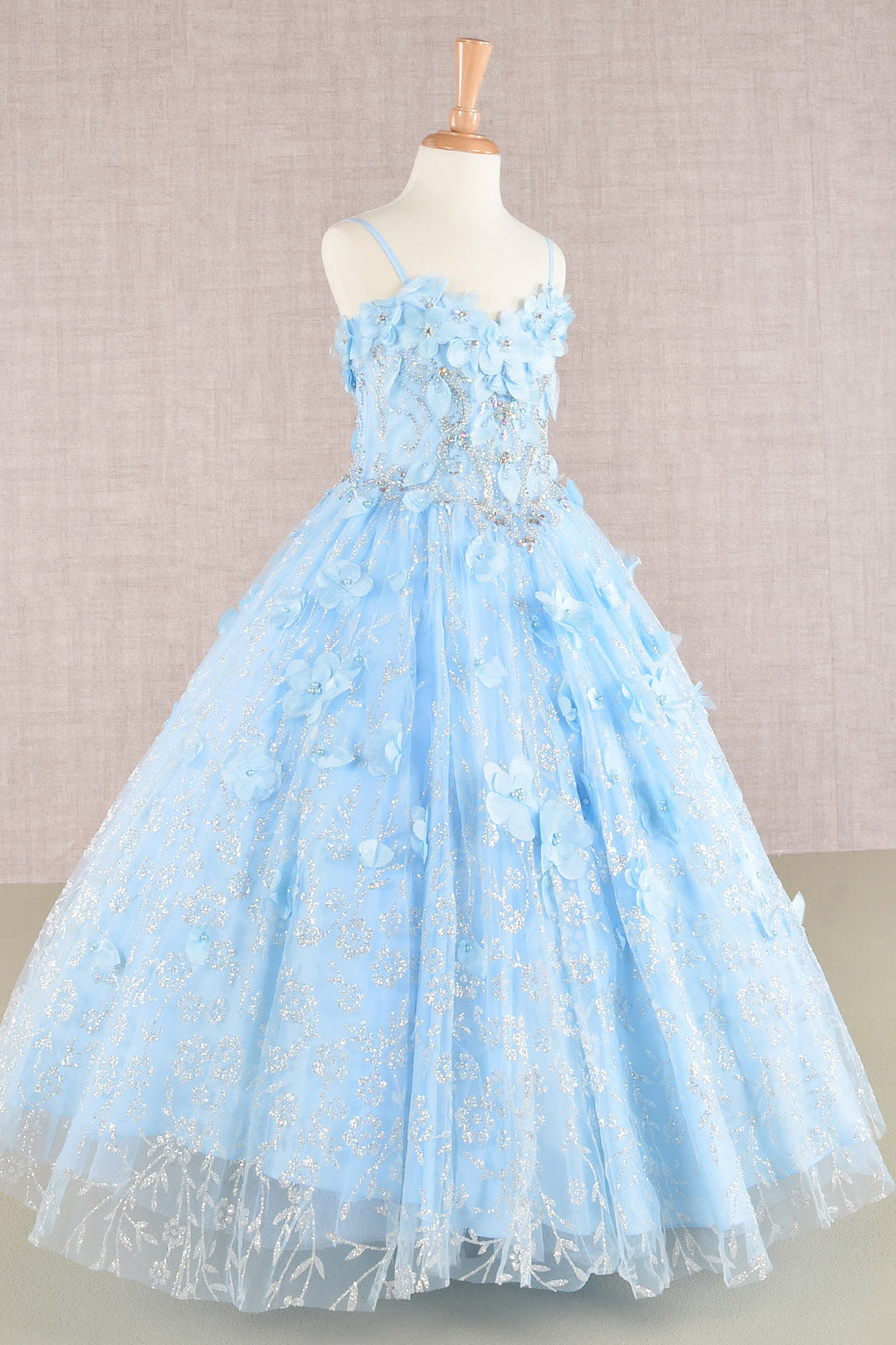 3D Flower Applique Jewel Mesh with Long Mesh Cloak Kids Dress GLGK105