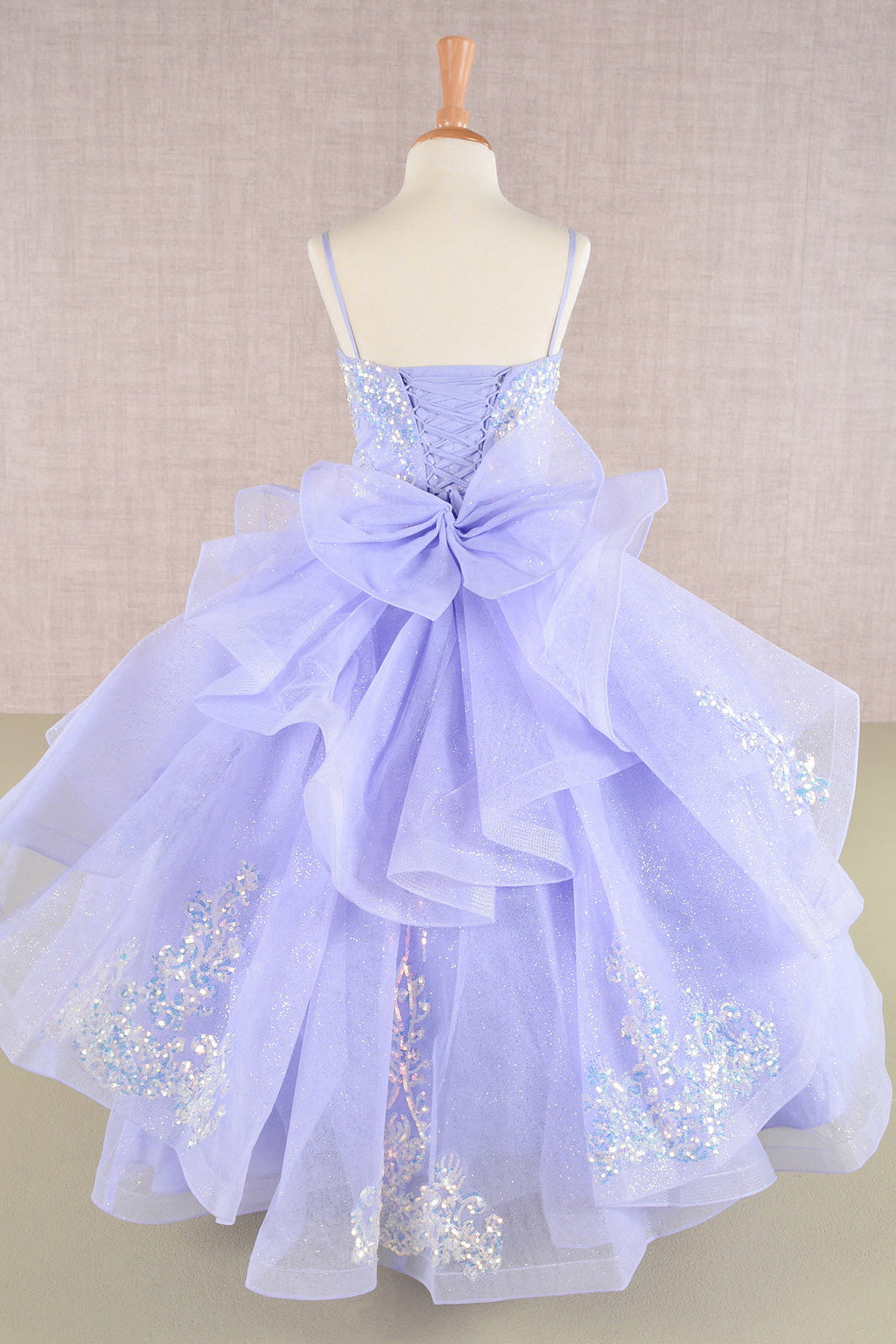 Spaghetti Strap Sequin Mesh with a Detachable Ribbon and Ruffled Back Skirt Quinceanera Kids Dress GLGK106