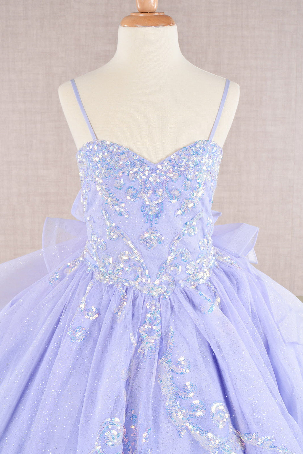 Spaghetti Strap Sequin Mesh with a Detachable Ribbon and Ruffled Back Skirt Quinceanera Kids Dress GLGK106