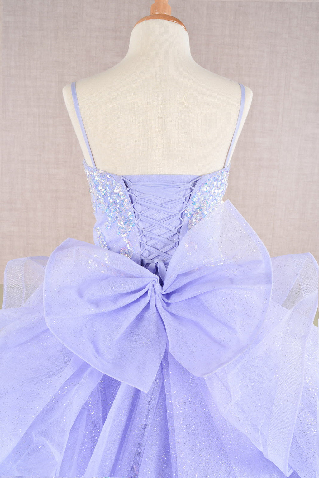 Spaghetti Strap Sequin Mesh with a Detachable Ribbon and Ruffled Back Skirt Quinceanera Kids Dress GLGK106