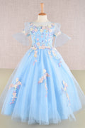 3D Floral Applique Mesh with Long Back Hem Quinceanera Kids Dress GLGK107