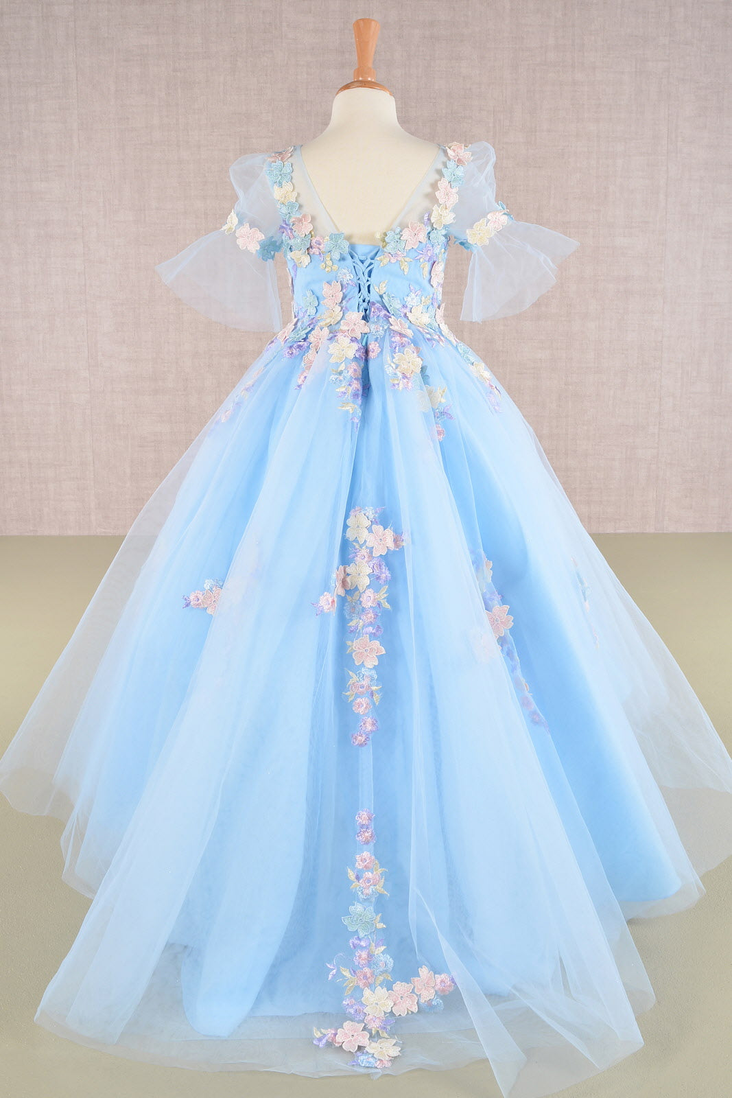 3D Floral Applique Mesh with Long Back Hem Quinceanera Kids Dress GLGK107