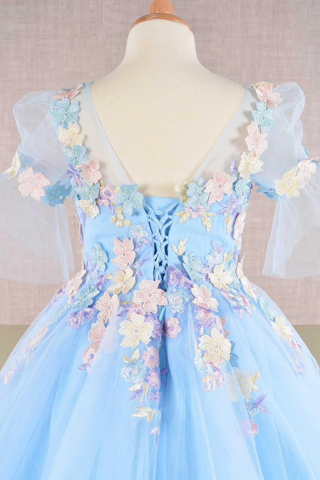 3D Floral Applique Mesh with Long Back Hem Quinceanera Kids Dress GLGK107