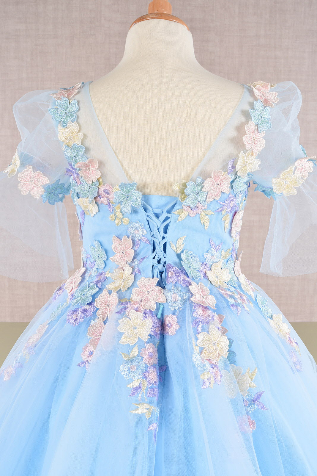 3D Floral Applique Mesh with Long Back Hem Quinceanera Kids Dress GLGK107