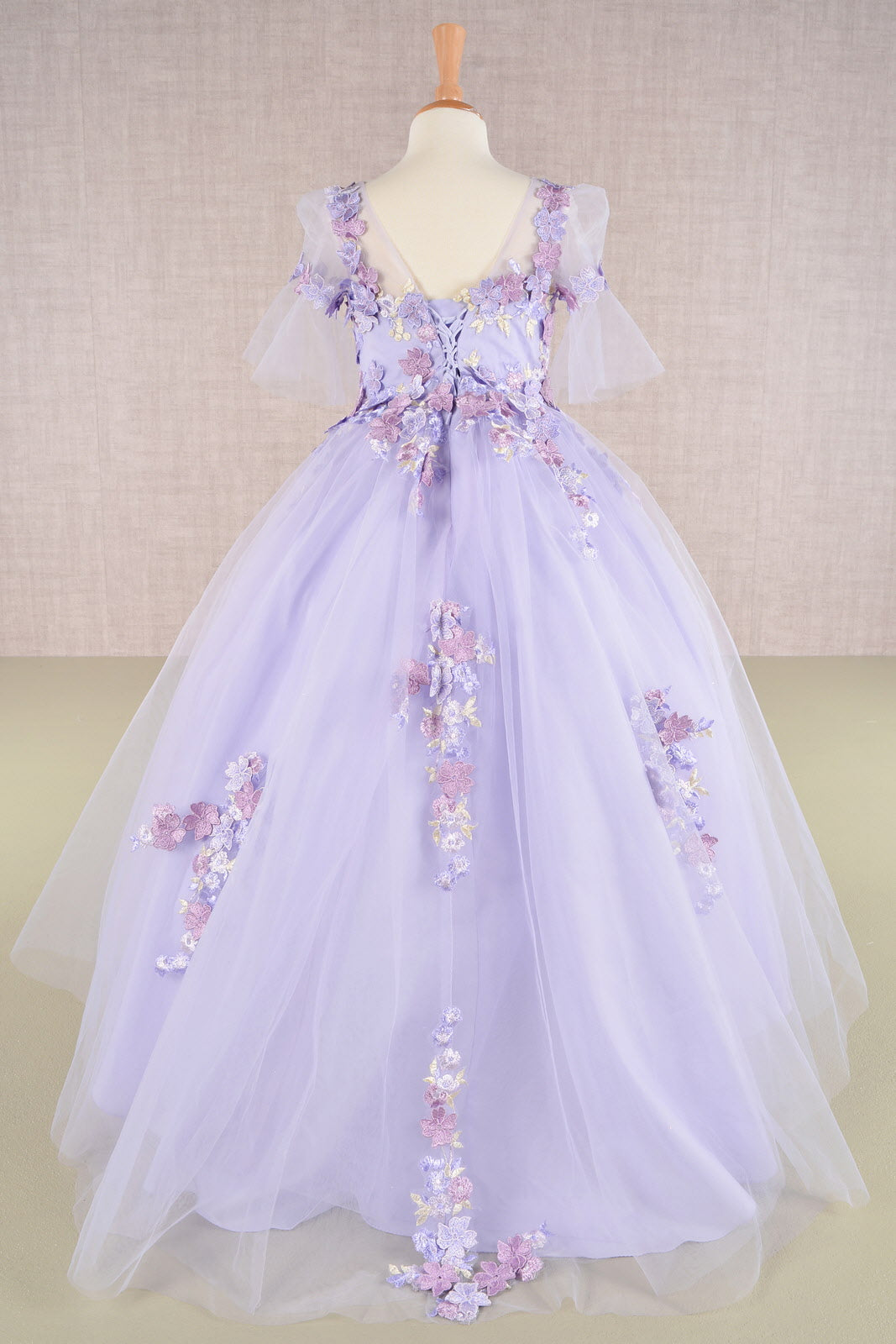 3D Floral Applique Mesh with Long Back Hem Quinceanera Kids Dress GLGK107