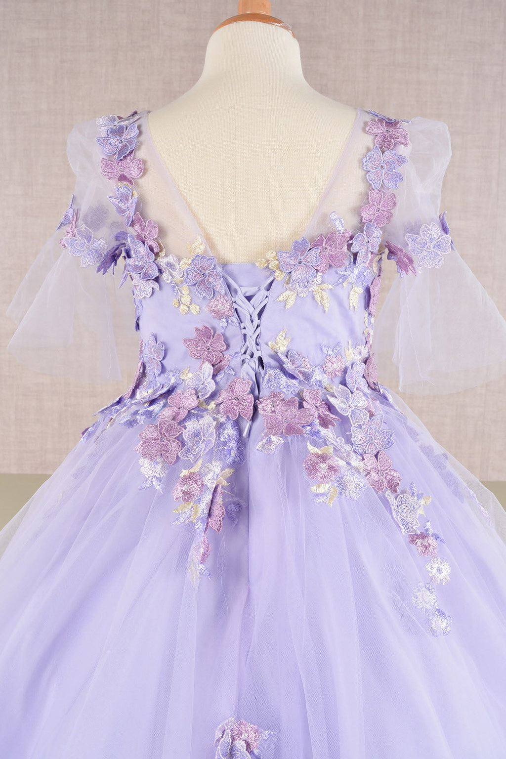 3D Floral Applique Mesh with Long Back Hem Quinceanera Kids Dress GLGK107