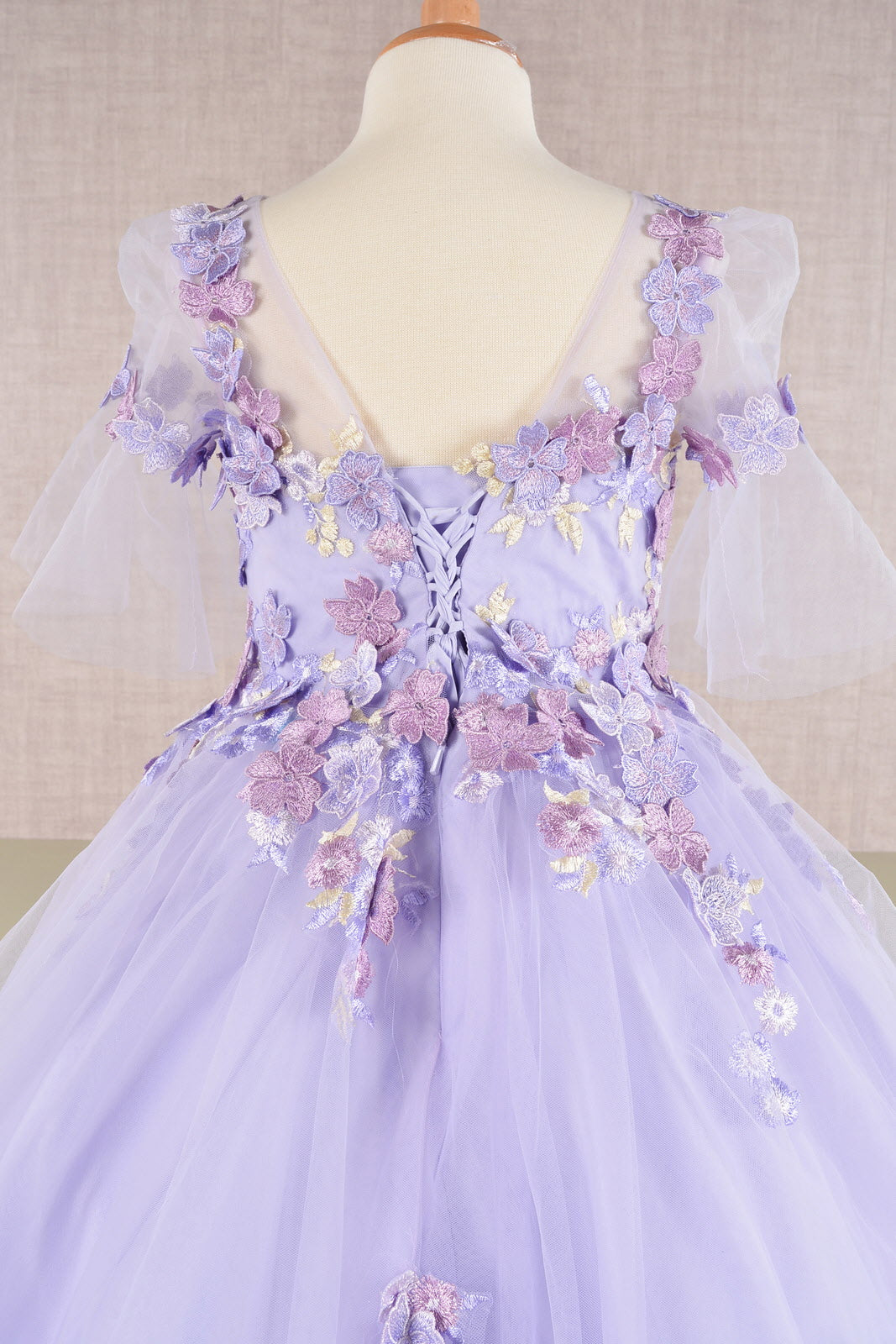 3D Floral Applique Mesh with Long Back Hem Quinceanera Kids Dress GLGK107