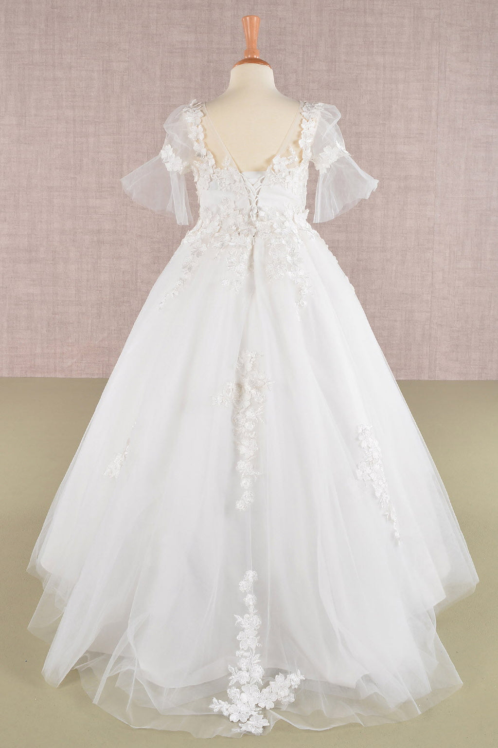 3D Floral Applique Mesh with Long Back Hem Quinceanera Kids Dress GLGK107