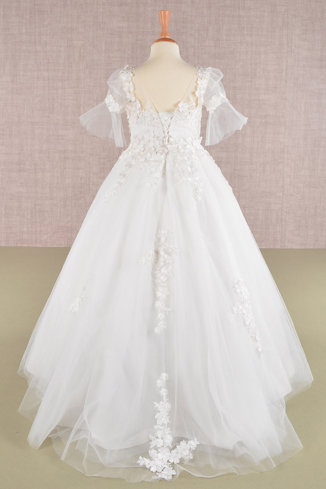 3D Floral Applique Mesh with Long Back Hem Quinceanera Kids Dress GLGK107