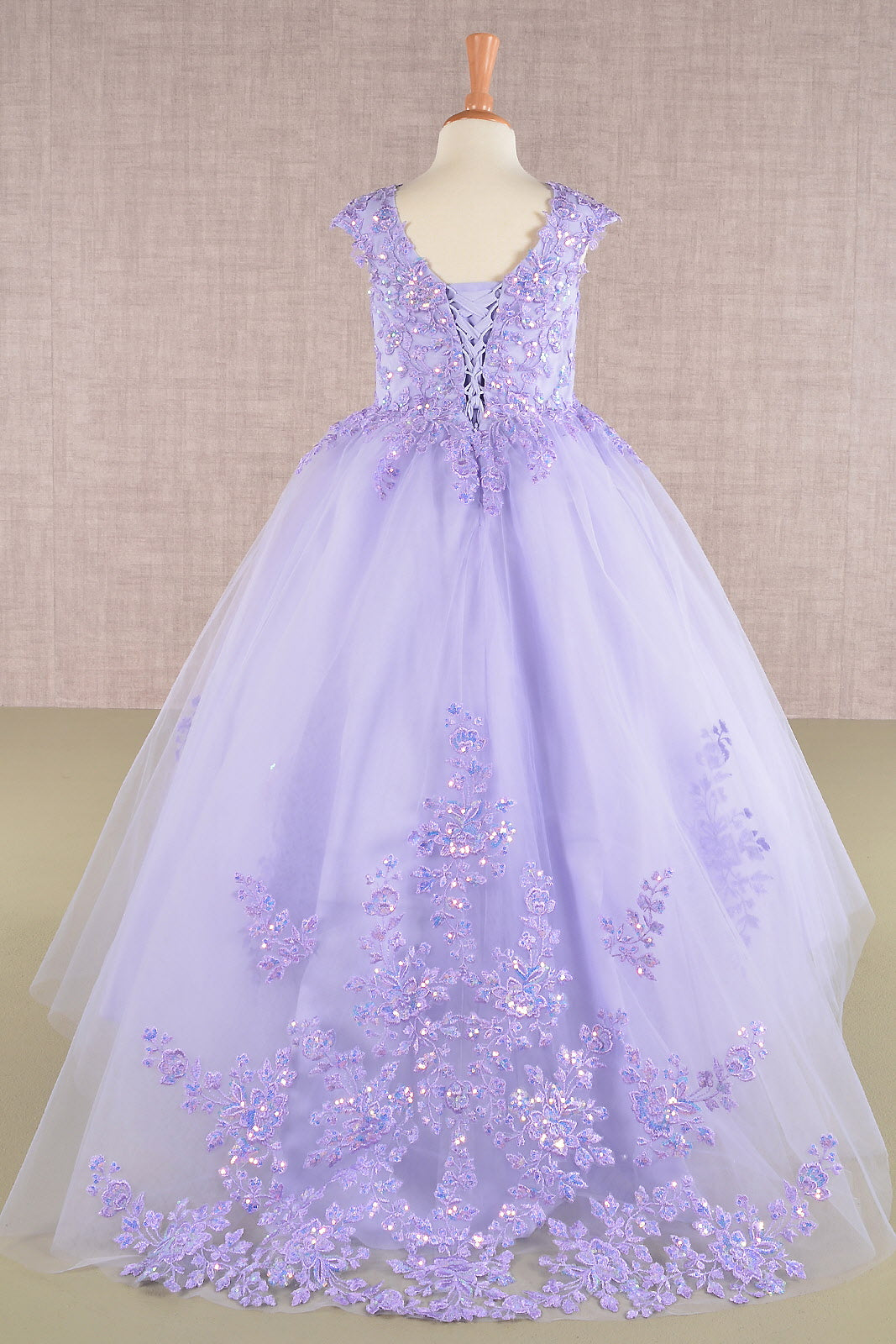 Sequin Embroidery Long Back Hem Mesh A-Line Quinceanera Kids Dress GLGK108