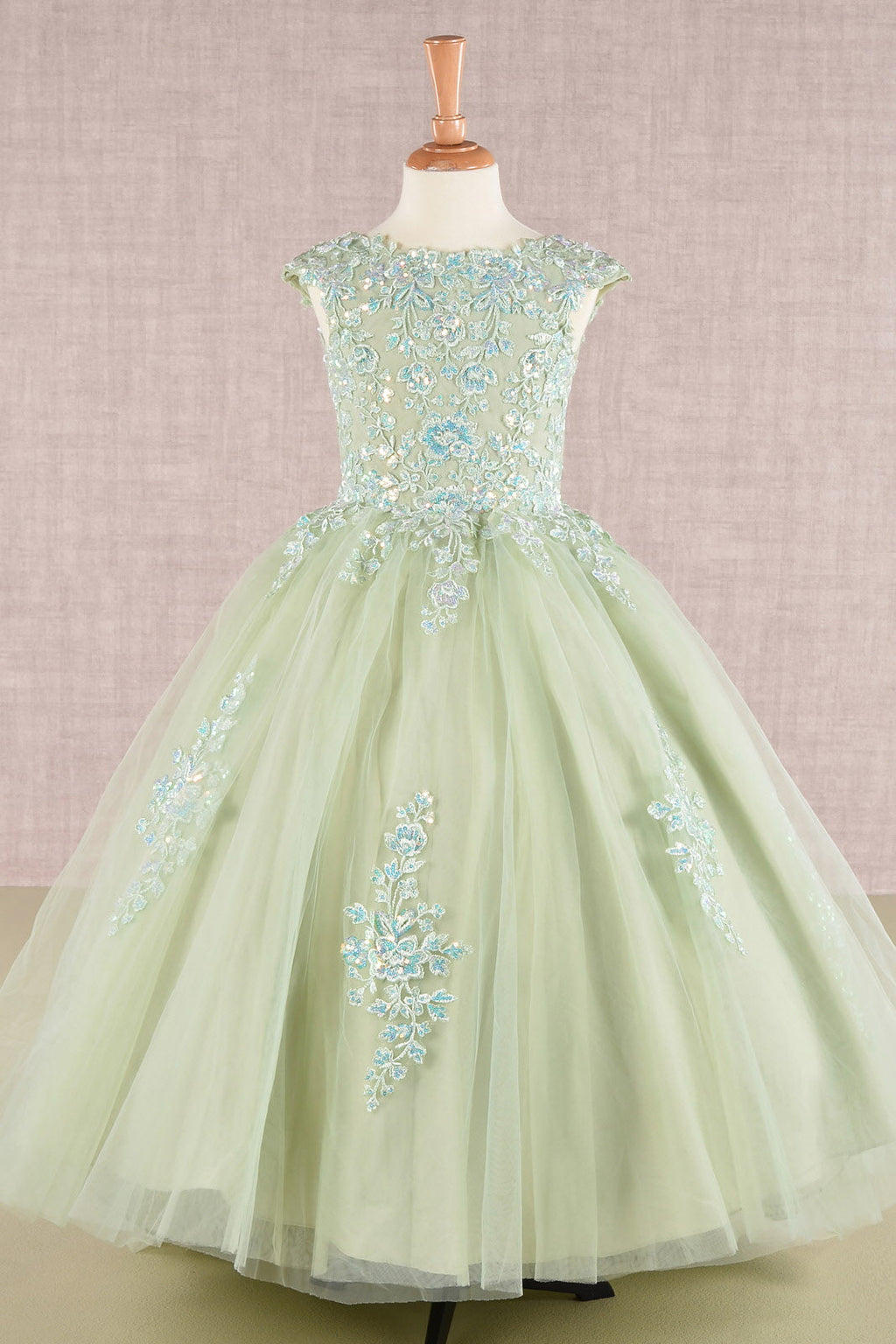 Sequin Embroidery Long Back Hem Mesh A-Line Quinceanera Kids Dress GLGK108