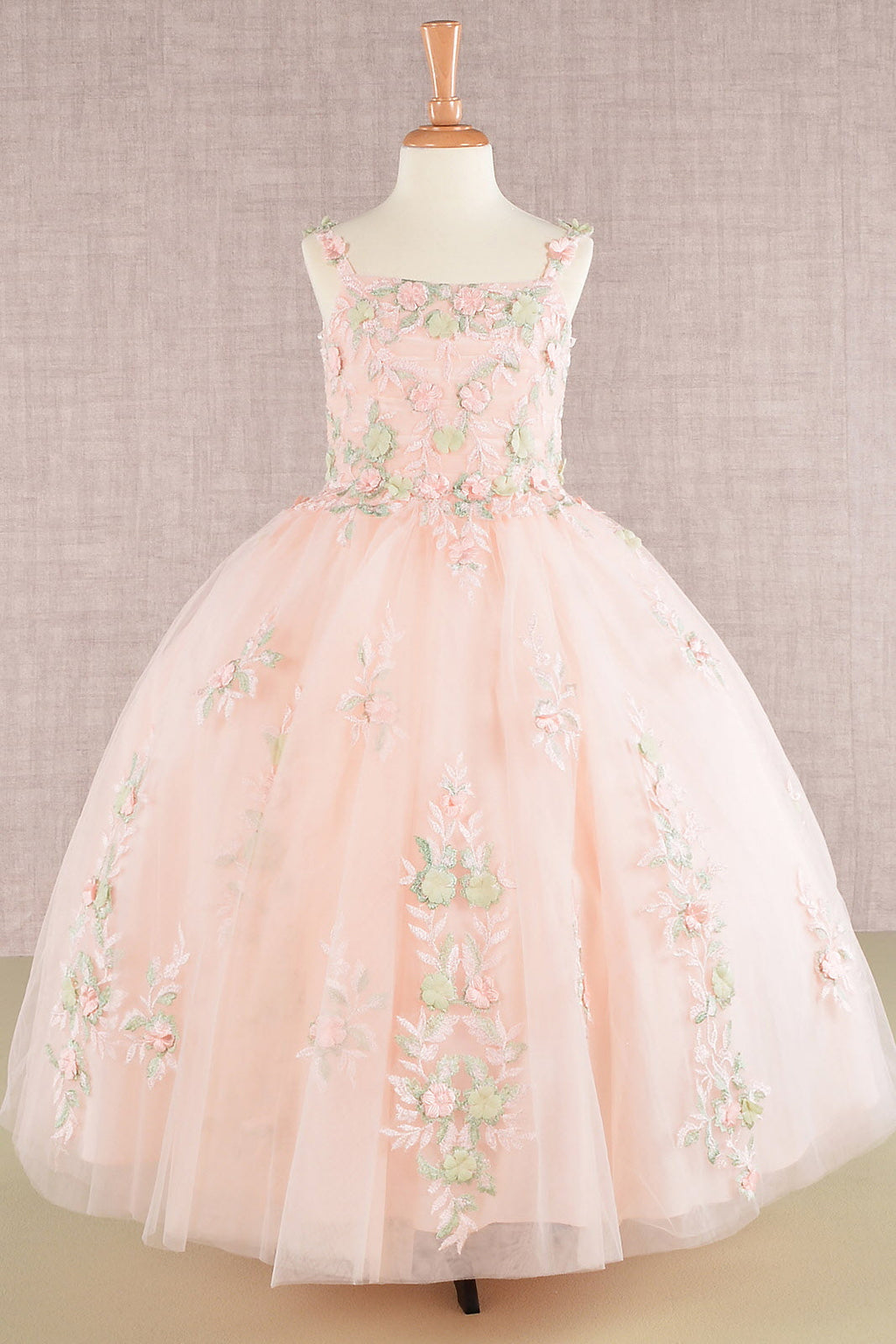 Floral Embroidery Embellished Ruched Bodice Mesh with Lace-up Back Quinceanera Kids Dress GLGK109