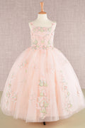 Floral Embroidery Embellished Ruched Bodice Mesh with Lace-up Back Quinceanera Kids Dress GLGK109