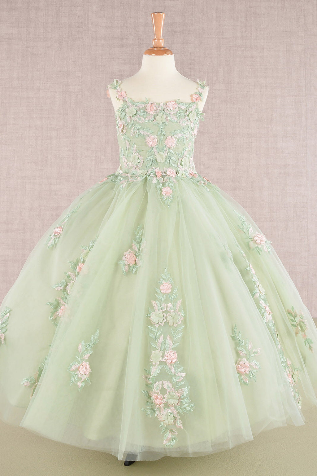 Floral Embroidery Embellished Ruched Bodice Mesh with Lace-up Back Quinceanera Kids Dress GLGK109