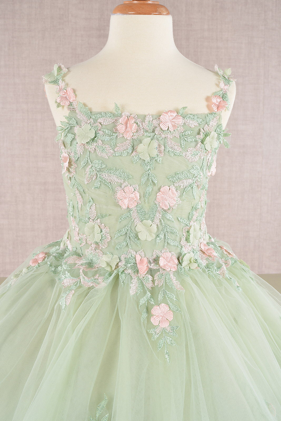 Floral Embroidery Embellished Ruched Bodice Mesh with Lace-up Back Quinceanera Kids Dress GLGK109