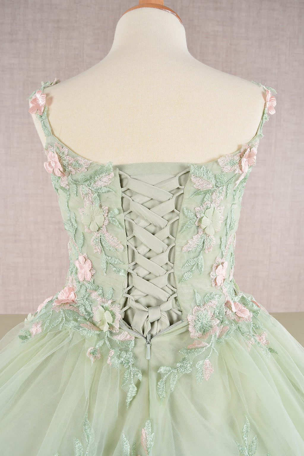 Floral Embroidery Embellished Ruched Bodice Mesh with Lace-up Back Quinceanera Kids Dress GLGK109