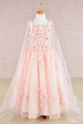 Floral Applique Glitter Mesh with Detachable Side Mesh Drape Quinceanera Kids Dress GLGK111