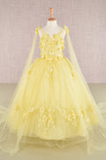 Floral Applique Glitter Mesh with Detachable Side Mesh Drape Quinceanera Kids Dress GLGK111