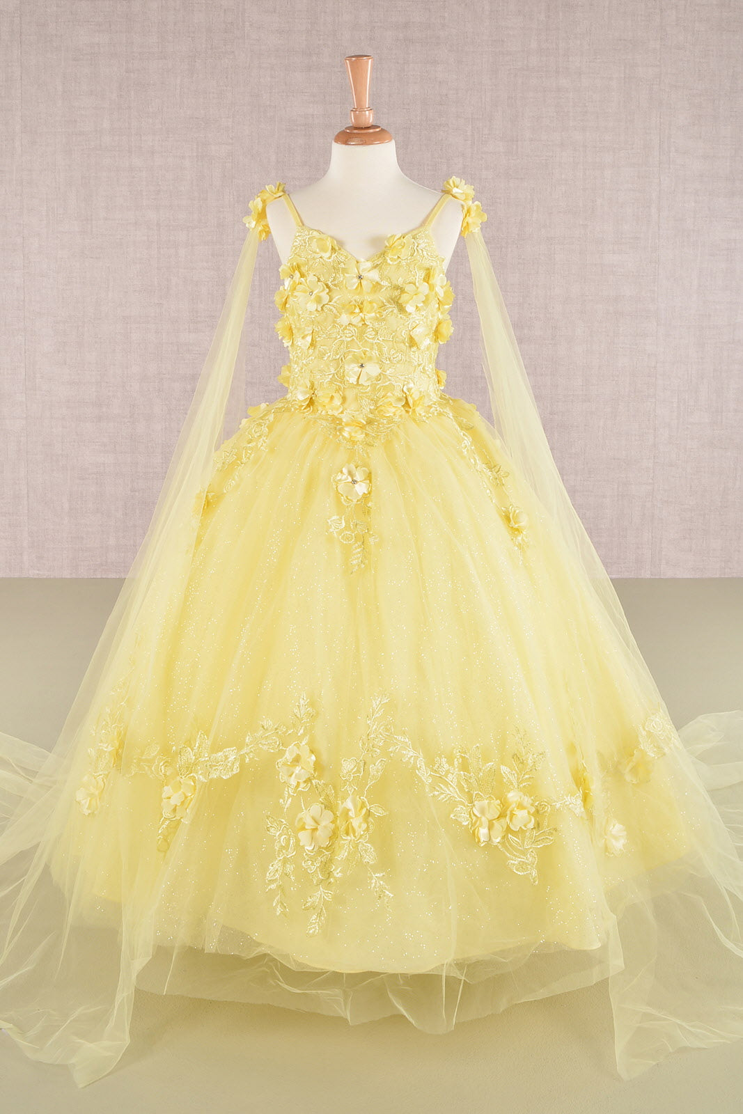 Floral Applique Glitter Mesh with Detachable Side Mesh Drape Quinceanera Kids Dress GLGK111