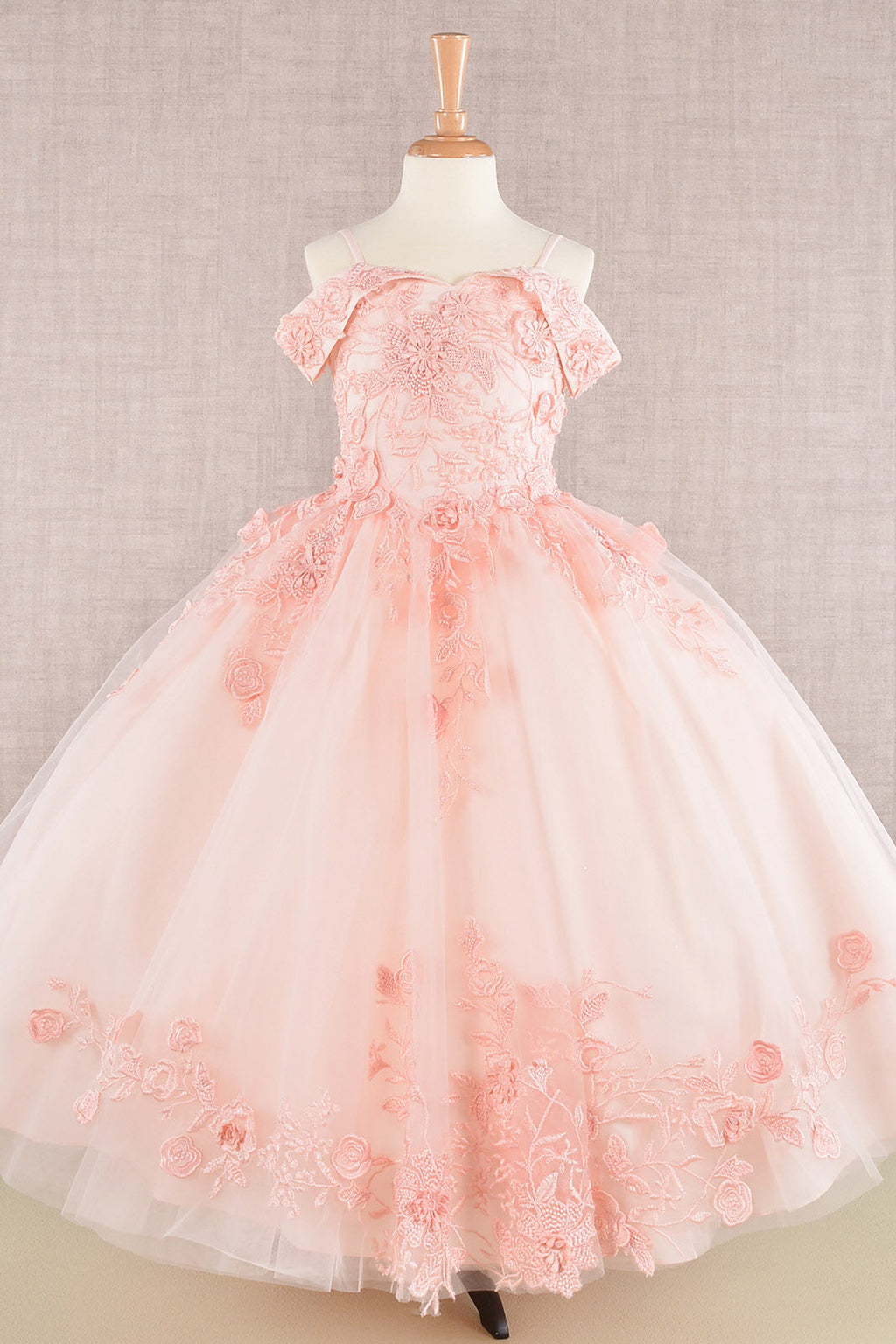 Floral Embroidery Embellished Cut-Away Shoulder Quinceanera Kids Dress GLGK112