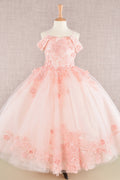 Floral Embroidery Embellished Cut-Away Shoulder Quinceanera Kids Dress GLGK112