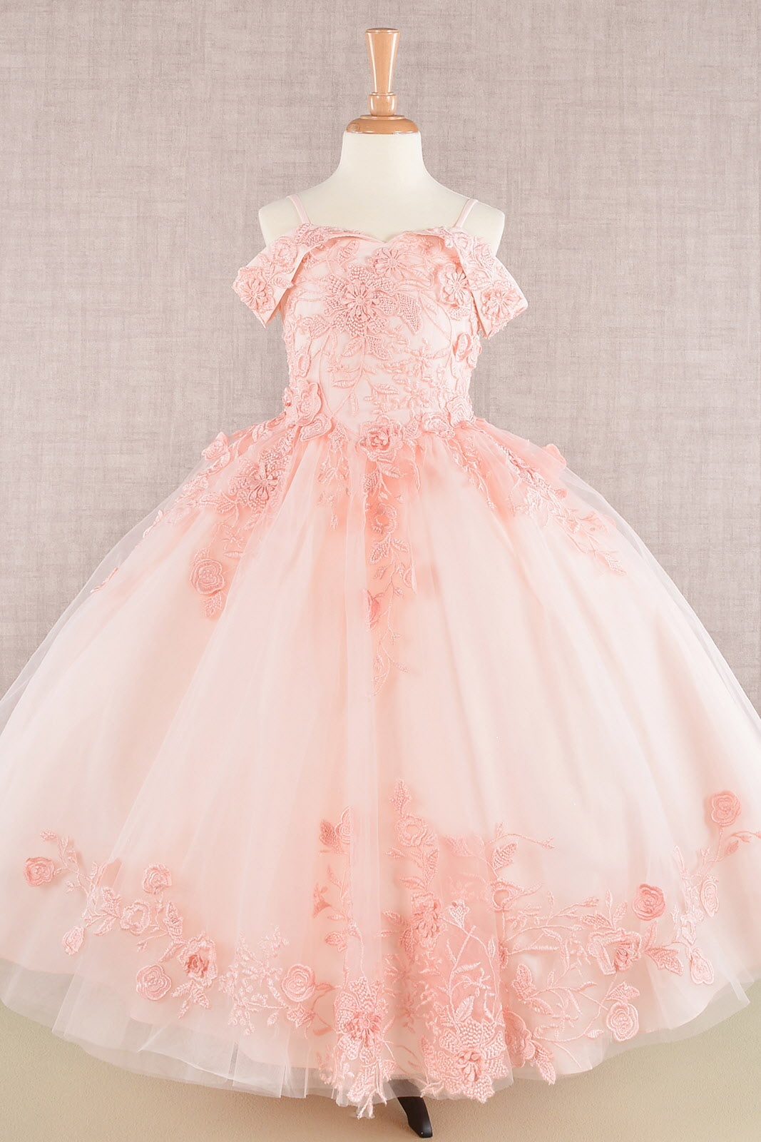 Floral Embroidery Embellished Cut-Away Shoulder Quinceanera Kids Dress GLGK112