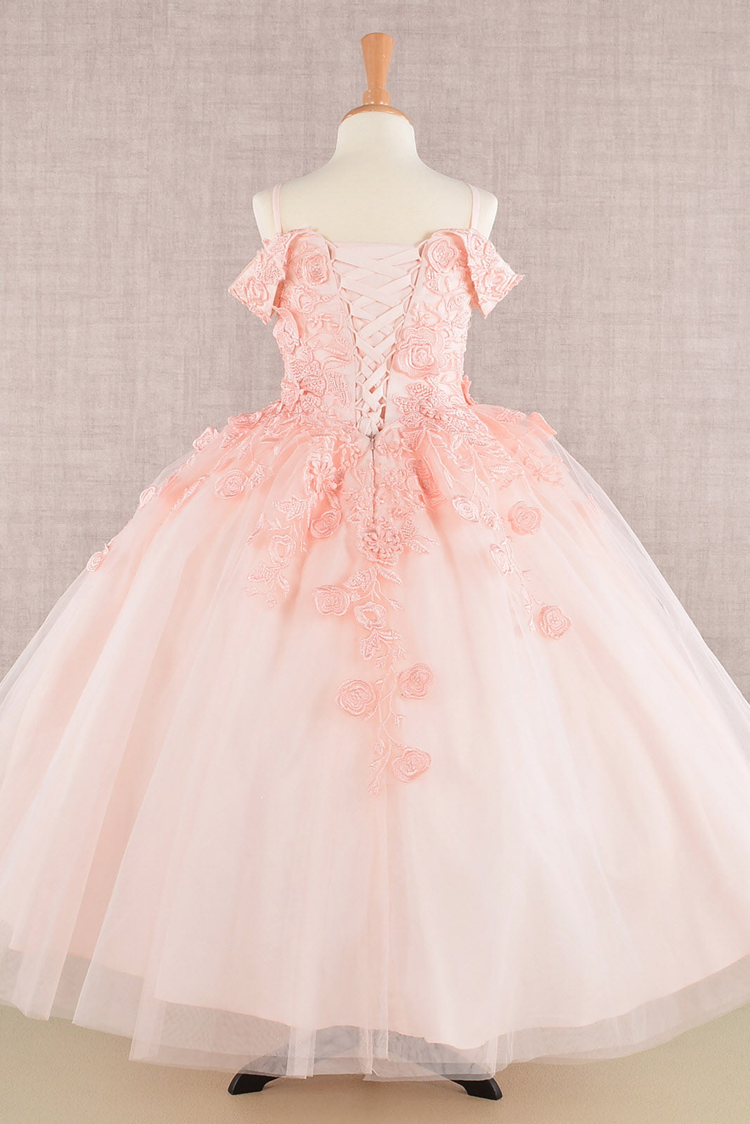 Floral Embroidery Embellished Cut-Away Shoulder Quinceanera Kids Dress GLGK112