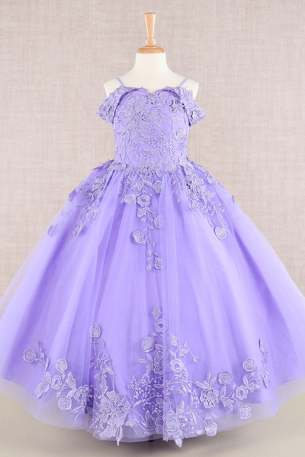 Floral Embroidery Embellished Cut-Away Shoulder Quinceanera Kids Dress GLGK112