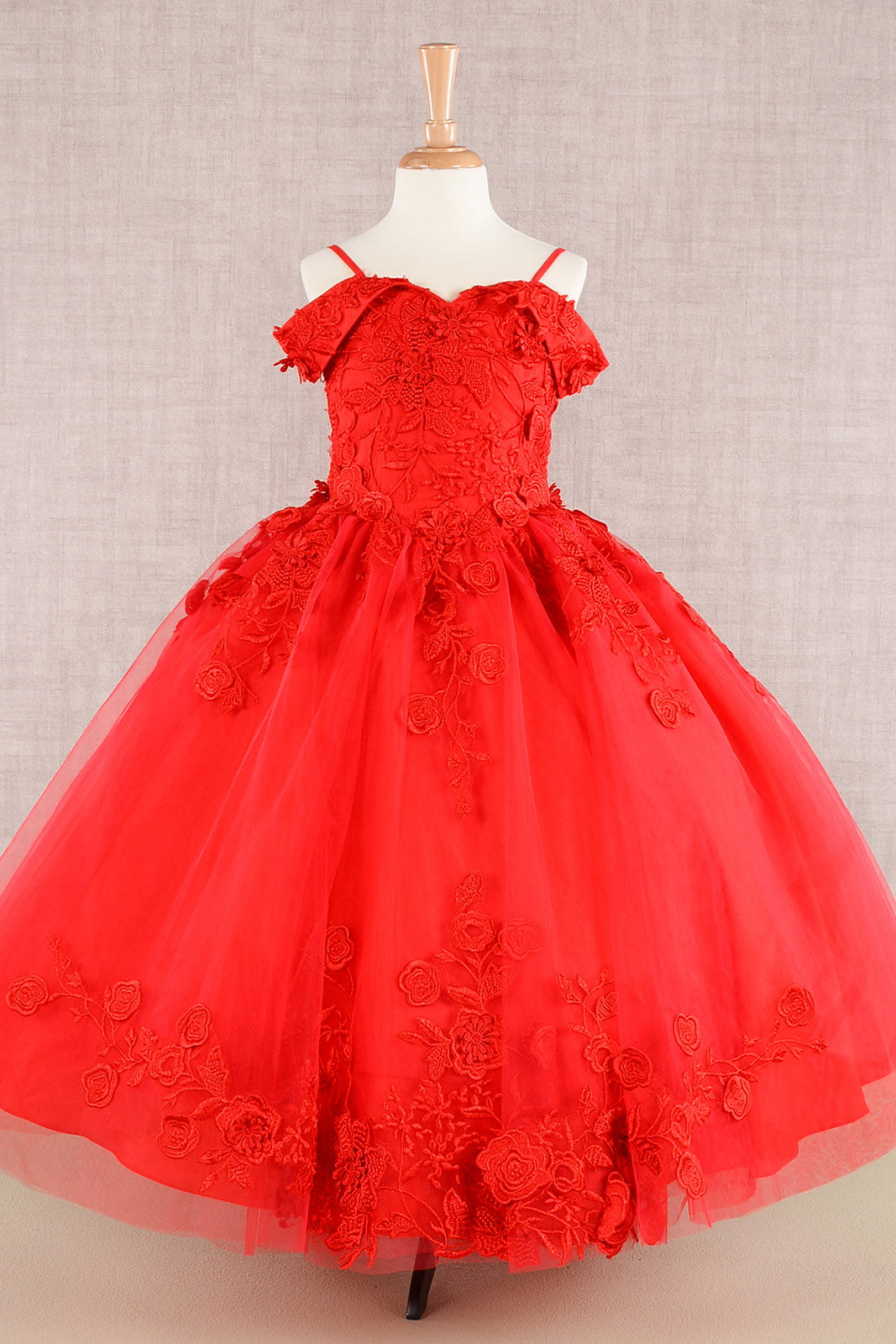 Floral Embroidery Embellished Cut-Away Shoulder Quinceanera Kids Dress GLGK112