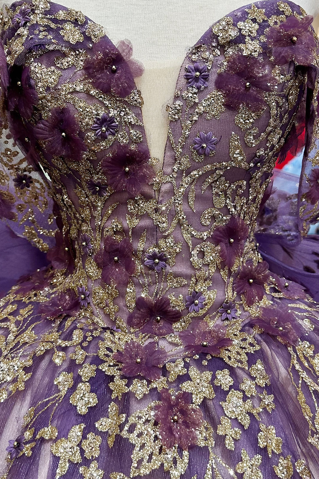 Flower Applique Bead Off Shoulder w/ Detachable Ribbon Long Quinceanera Dress GLGL3178