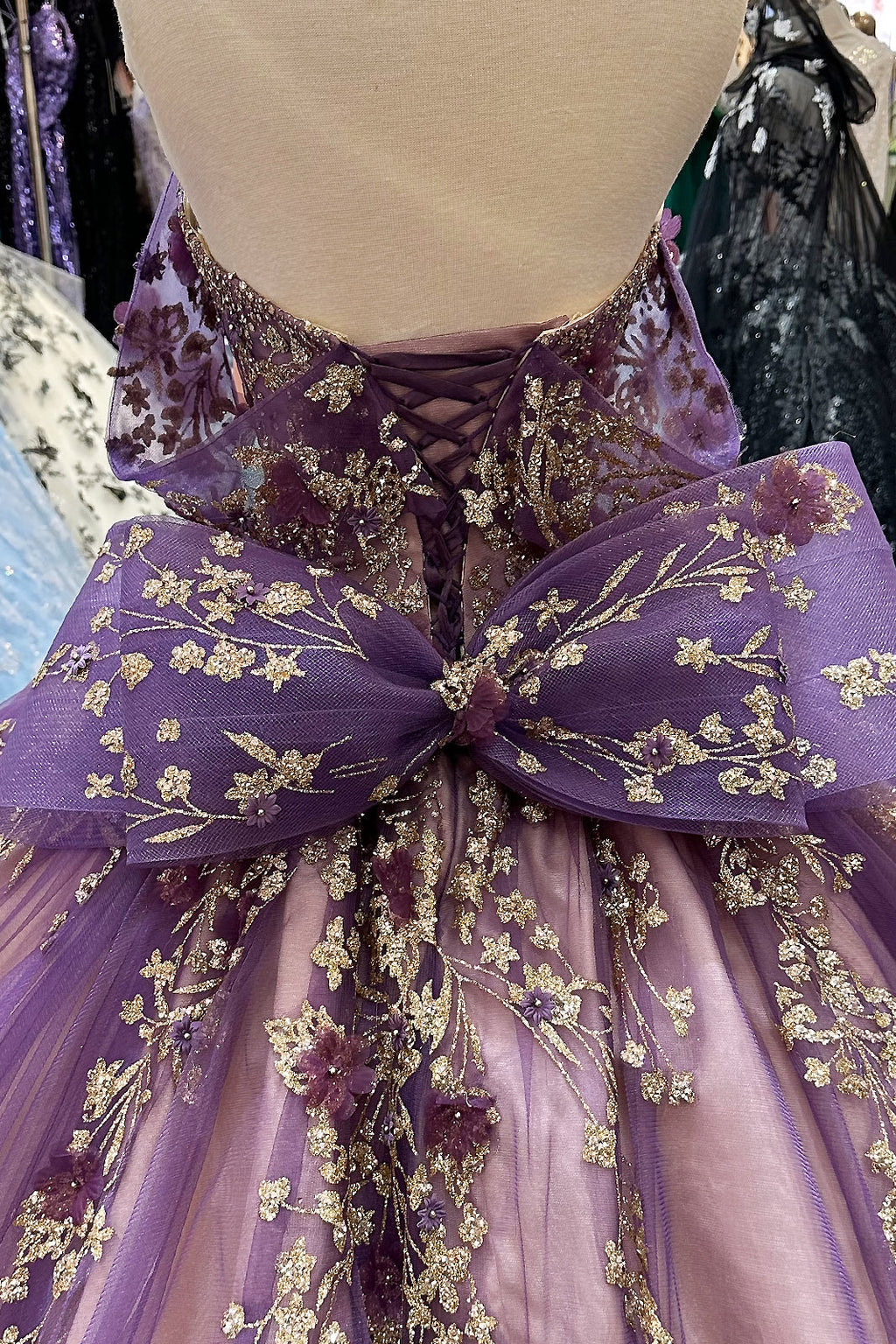 Flower Applique Bead Off Shoulder w/ Detachable Ribbon Long Quinceanera Dress GLGL3178