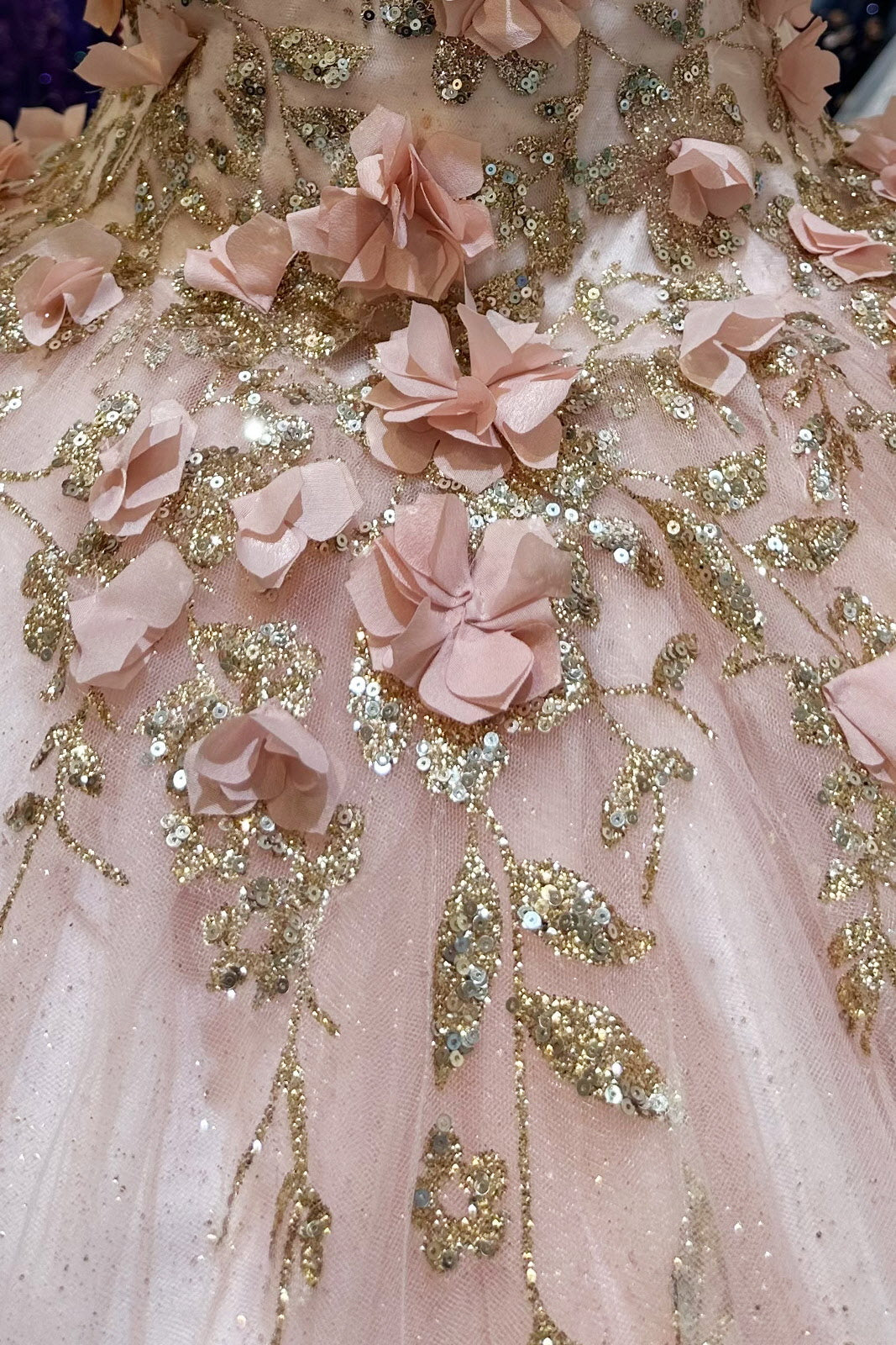 Glitter 3D Flower Applique Mesh w/ Long Mesh Cape Long Quinceanera Dress GLGL3179