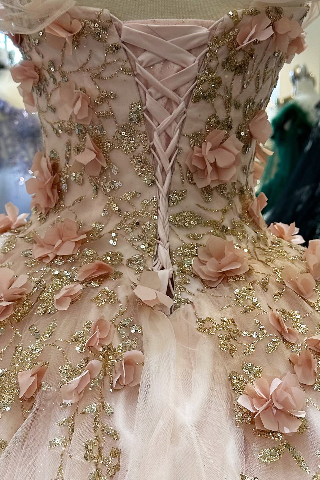 Glitter 3D Flower Applique Mesh w/ Long Mesh Cape Long Quinceanera Dress GLGL3179