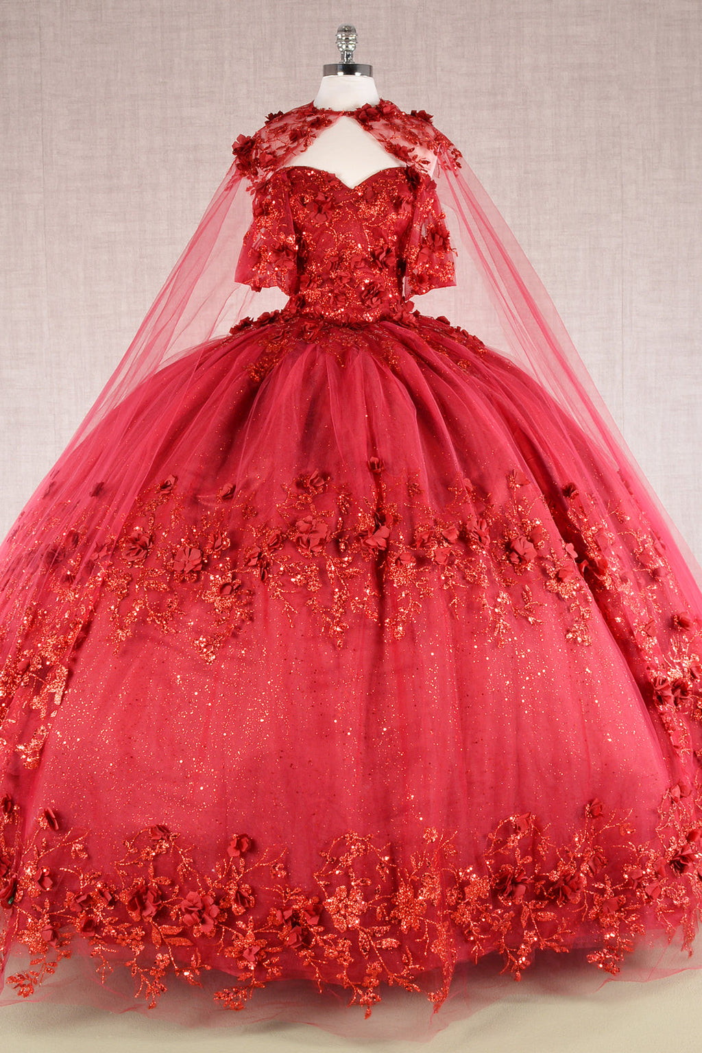 Glitter 3D Flower Applique Mesh w/ Long Mesh Cape Long Quinceanera Dress GLGL3179