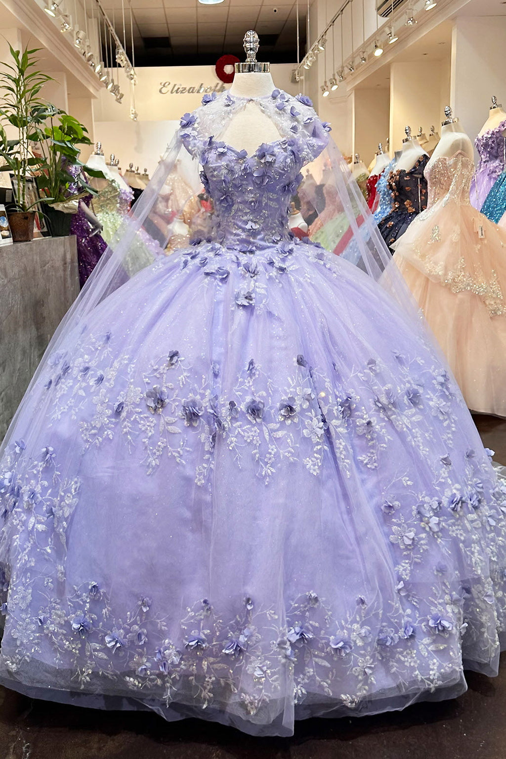 Glitter 3D Flower Applique Mesh w/ Long Mesh Cape Long Quinceanera Dress GLGL3179