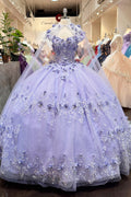 Glitter 3D Flower Applique Mesh w/ Long Mesh Cape Long Quinceanera Dress GLGL3179