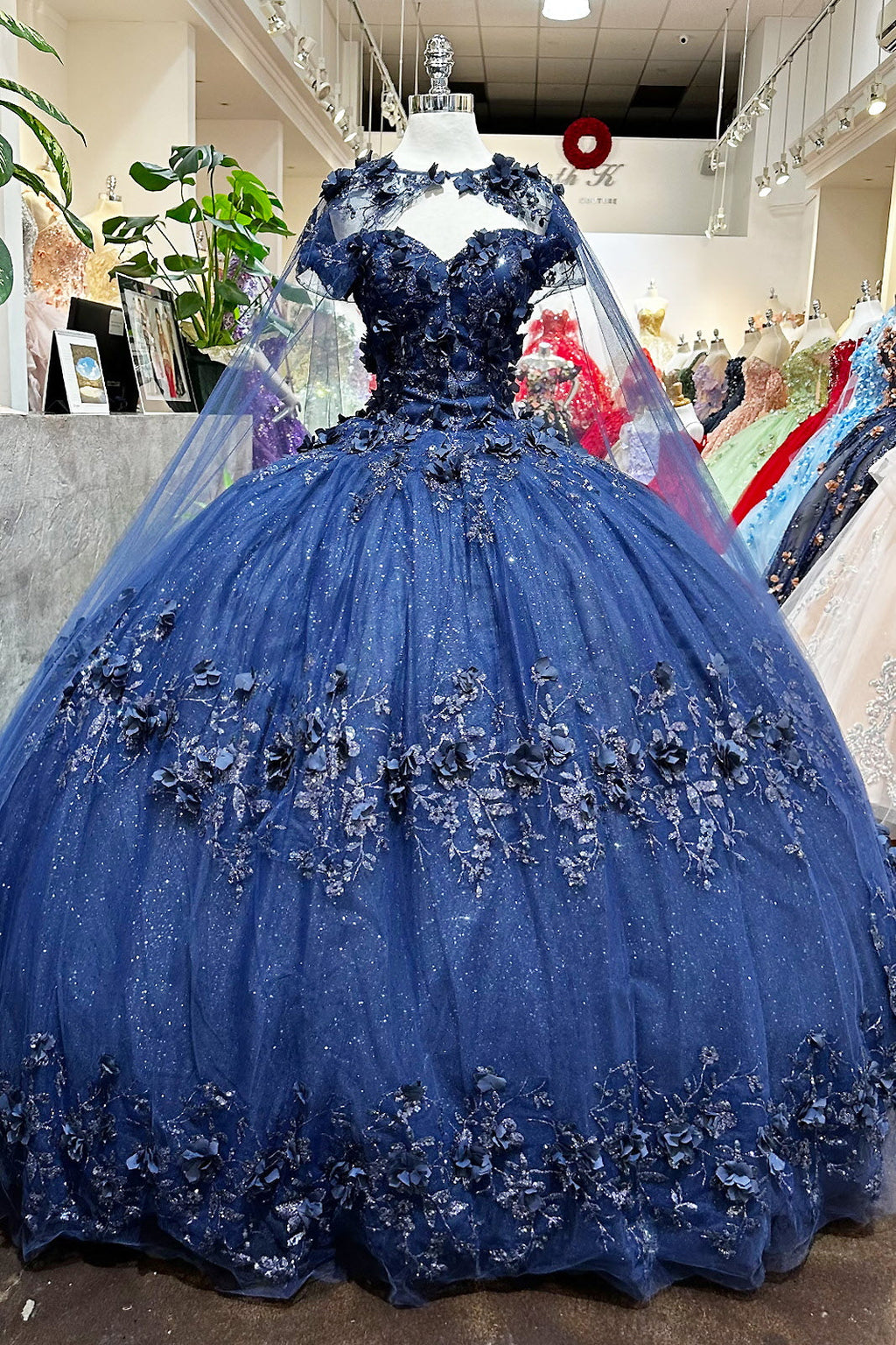 Glitter 3D Flower Applique Mesh w/ Long Mesh Cape Long Quinceanera Dress GLGL3179