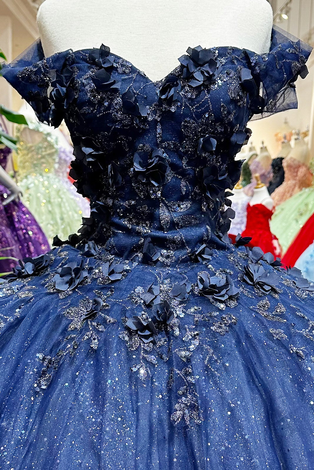 Glitter 3D Flower Applique Mesh w/ Long Mesh Cape Long Quinceanera Dress GLGL3179