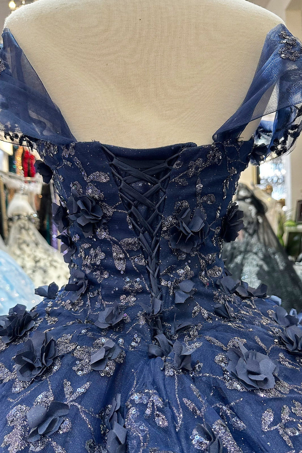 Glitter 3D Flower Applique Mesh w/ Long Mesh Cape Long Quinceanera Dress GLGL3179