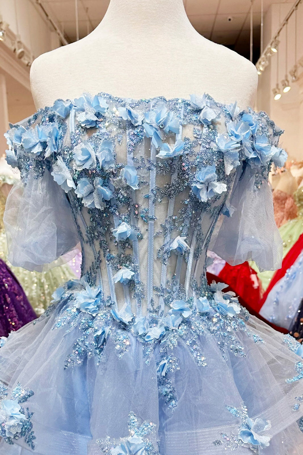 3D Flower Applique Sheer Bodice w/ Ruffle Skirt Off Shoulder Long Quinceanera Dress GLGL3180