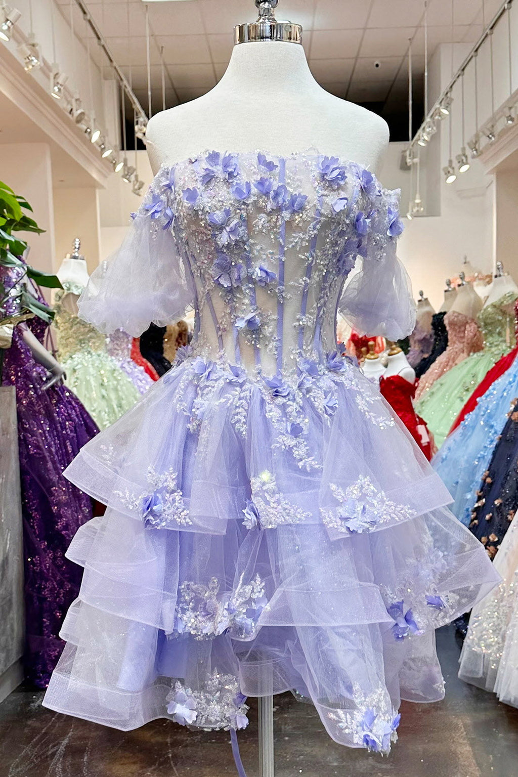 3D Flower Applique Sheer Bodice w/ Ruffle Skirt Off Shoulder Long Quinceanera Dress GLGL3180