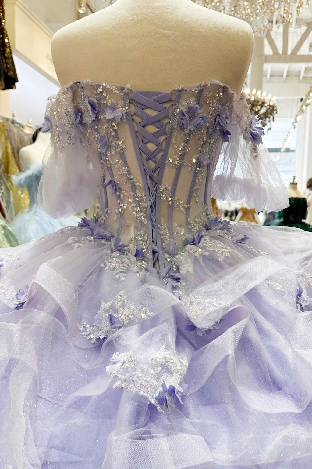 3D Flower Applique Sheer Bodice w/ Ruffle Skirt Off Shoulder Long Quinceanera Dress GLGL3180